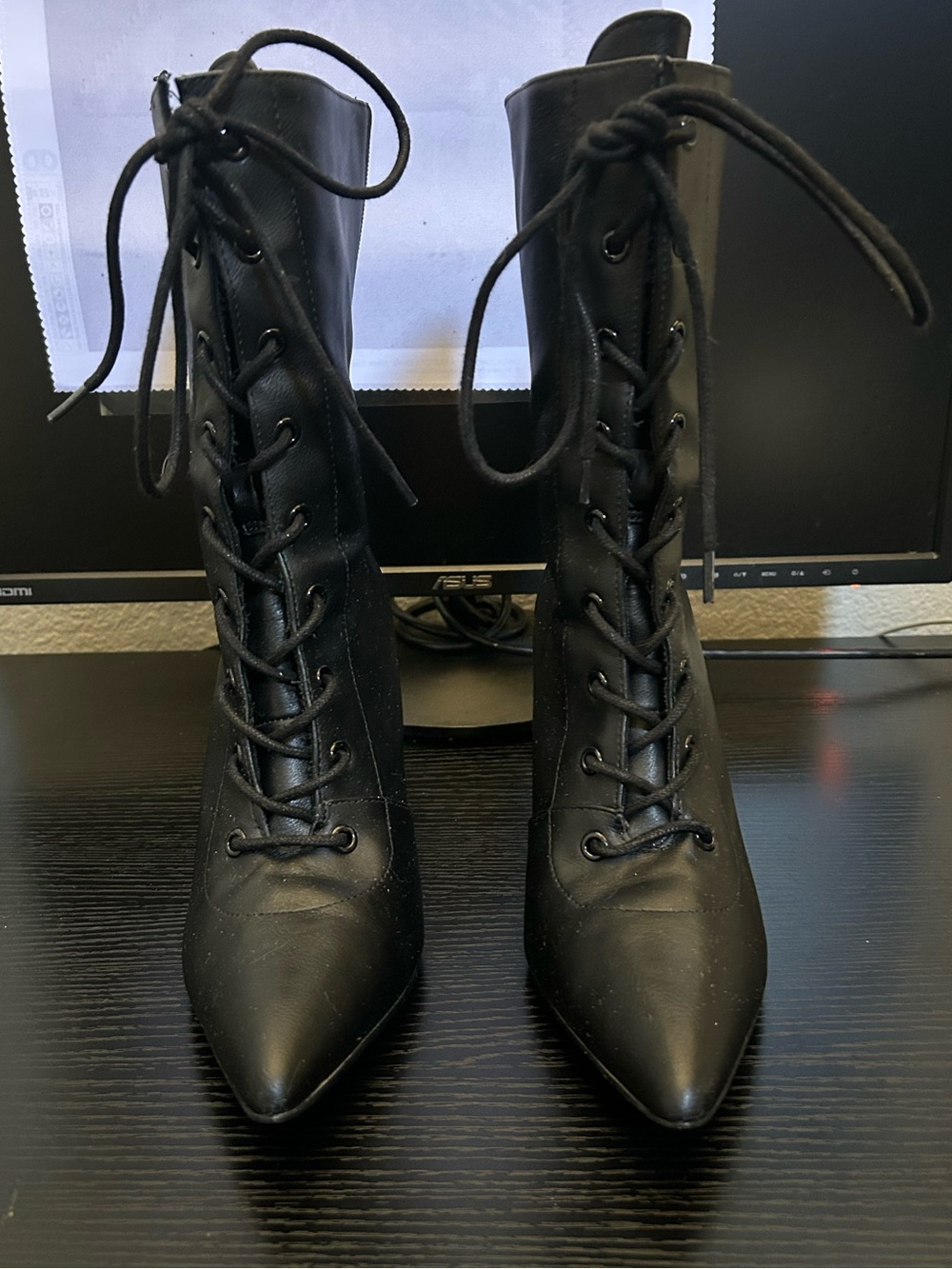 Lace-Up Pointed Toe Black Heeled Ankle Boots